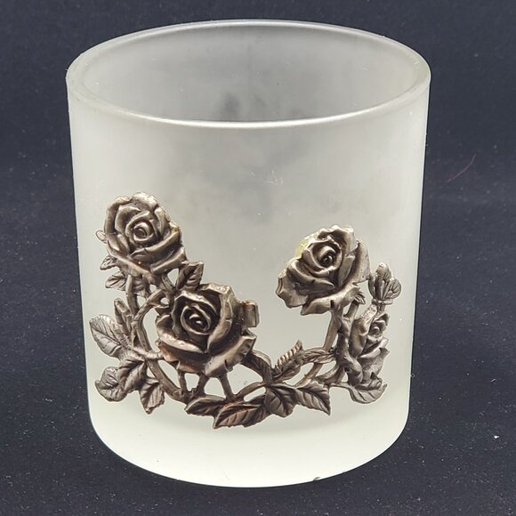 Vintage Votive Candle Holder Frosted Glass with Pewter Roses Design Decorative - Picture 2 of 6